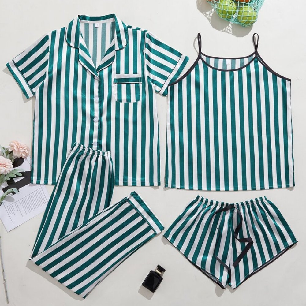 4 piece Striped Green Pajamas Lounge Set